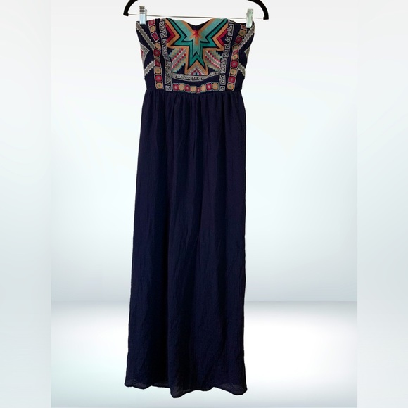Maurice’s Strapless Aztec Pattern Detail Navy Blue Maxi Dress, Size M - Picture 2 of 12